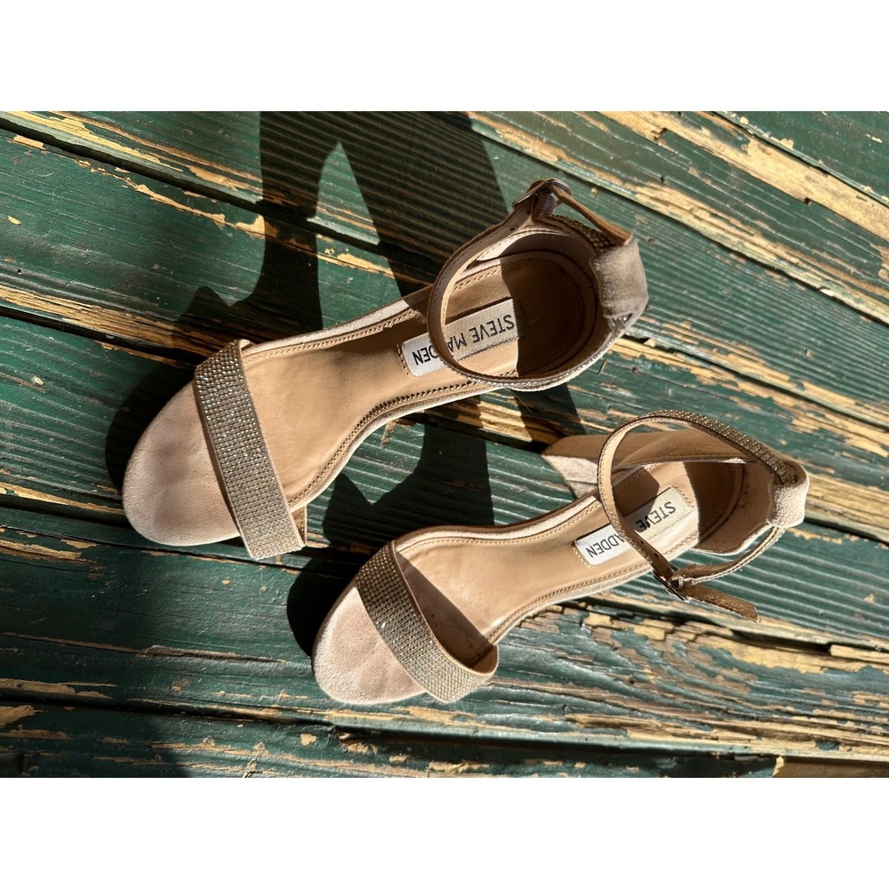 Steve Madden Kalina-R Tan Suede Rhinestone Block Heel Sandals Womens 7M KLIN01S1